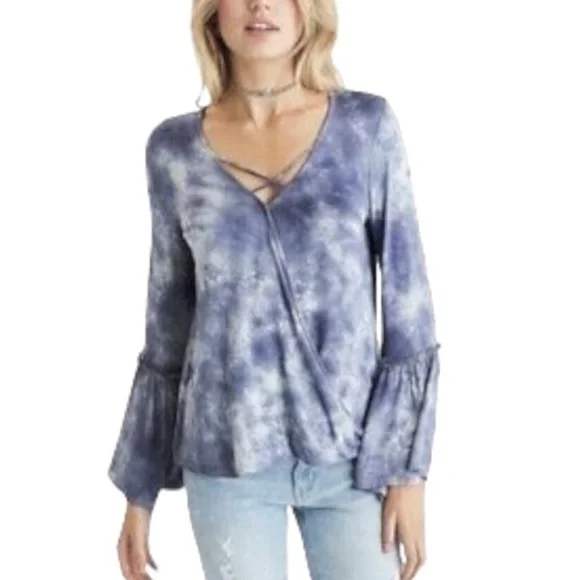 American Eagle Soft Sexy Tie Dye Bell Sleeve Crossover Top Blue Gray - Picture 1 of 14